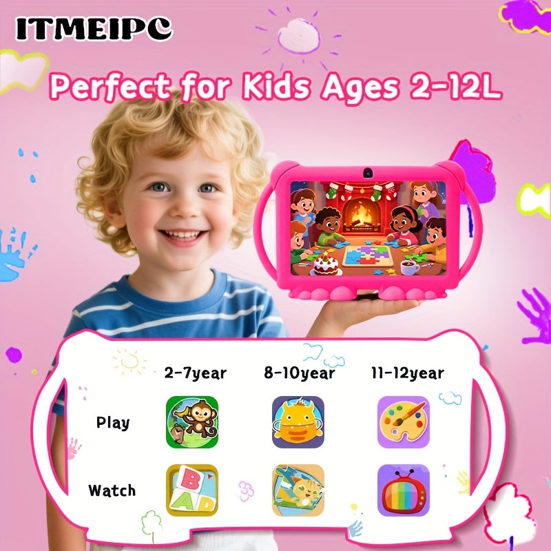 ITMEIPC, 2025 New Models, 7 Inch Android Kids Tablet, Android14, 4GB(2GB+2GB) RAM 32GB ROM Dual Camera, Wi-Fi, Large Screen Learning Entertainment Tablet Parental Control Pre-installed Apps, HD Screen Protective Case High-Performance Student Tablet