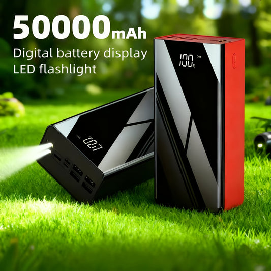 This 50000Mah High-Capacity Power Bank Serves As a Portable And Fast-Charging Backup Battery Pack, Featuring Several USB And Type-C Output Ports, a Flashlight, an LED Power Indicator, And Functions As an Outdoor Emergency Power Supply