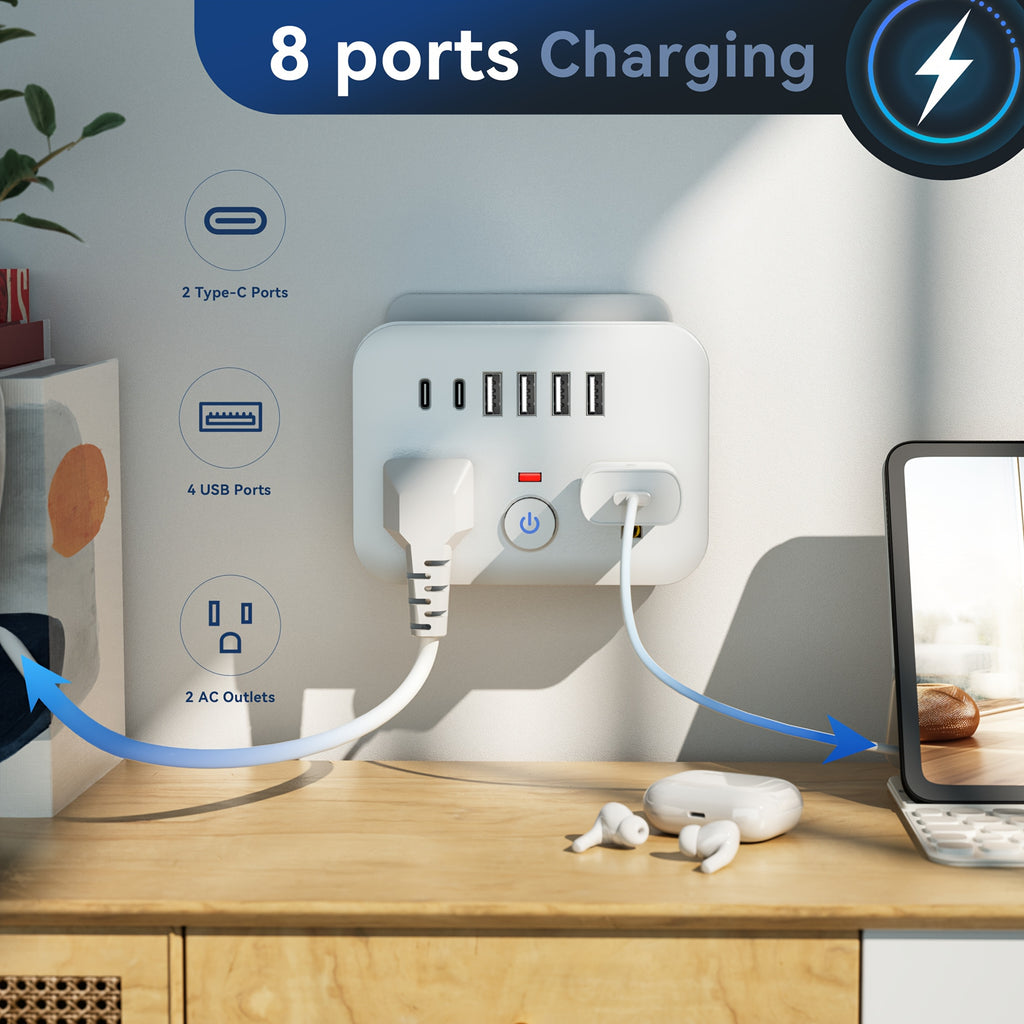 Mini Portable Surge Protector Power Strip, 8-in-1 Multifunction with 2 Outlets, 4 USB Ports, 2 USB-C Jacks, Overload Protection, US Plug, Wall-Mounted for Home, Travel, Office - Black & White, Travel Accessory | Sleek Black Design | Multi-port Surge