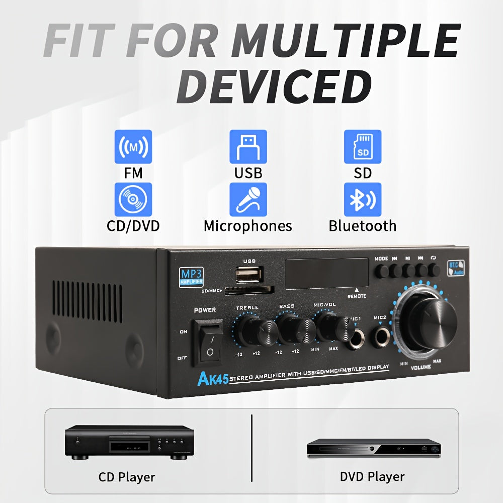 [Bluetooth 5.0 Amp] AK45 Bluetooth 5.0 Audio Receiver, 400W 2 Channel Power Amplifier System, Home Stereo Karaoke Amp With FM Radio, USB, MMC & SD Card Player, Support Passive Ceiling/Garage/Home Theater Speakers