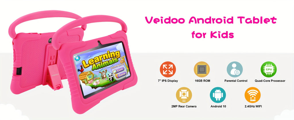[Android Tablet] Veidoo 7-Inch Kids Tablet, 1GB RAM 16GB ROM / 2GB RAM + 32GB ROM, Eye-Protection Screen, WiFi, Dual Cameras, Educational Games, Parental Control App, Android Tablet With Drop-Proof Silicone Case (Pink)