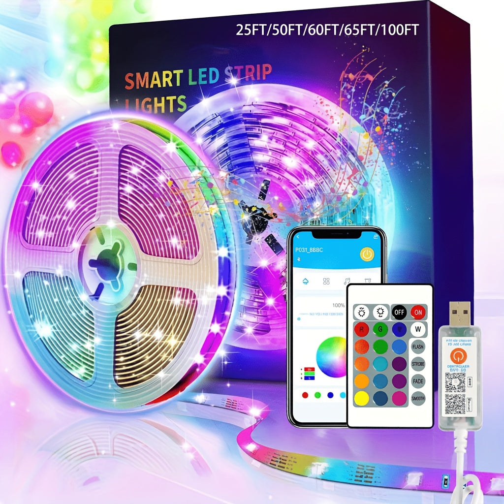25FT/50FT/60FT/65FT/100FT RGB LED Light Strip, Wireless Music, Synchronized Color Change, Smart APP Control, Remote Control, Infrared Sensing, USB Power Supply, Bedroom Party Room Lighting, Halleween Decoration