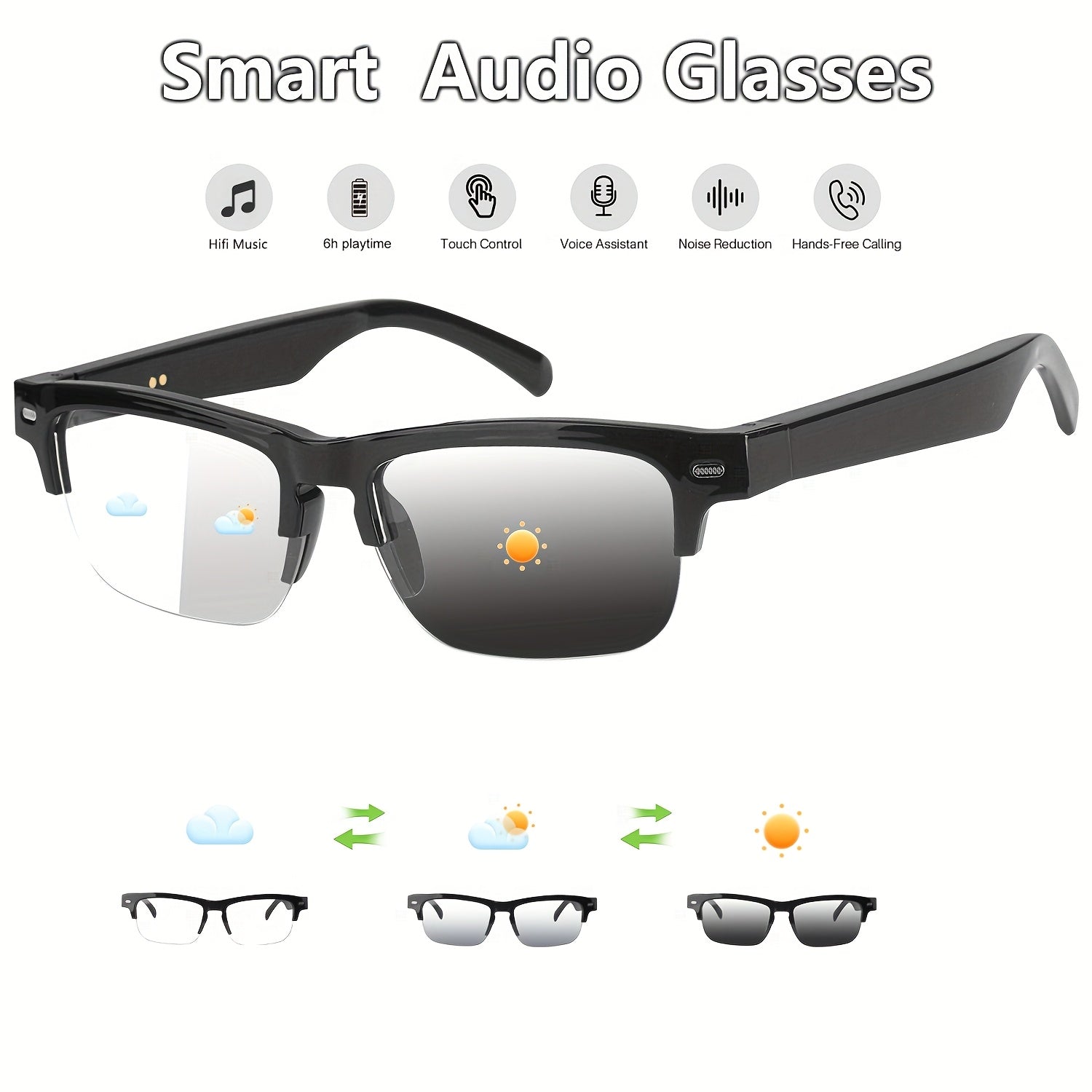 New Smart Glasses with Auto-tinting Lenses That Automatically Transform into Fashion Glasses in Sunlight. Built-in Microphone and Speaker for HD Voice Calls and HiFi Music Quality. Smart Audio Glasses, Ideal for Sports, Driving, Fishing, and Daily