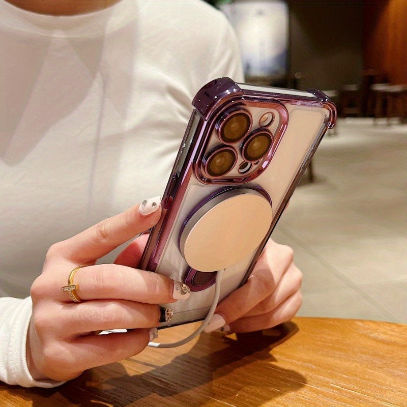 Phone Case: 3pcs [1 Phone Cover with 2 Clear Screen Protectors] Stylish Plated Magnetic Stand Case for iPhone 16 15 14 13 12 11 Pro Max with Holder Stand Shock-Resistant Cover