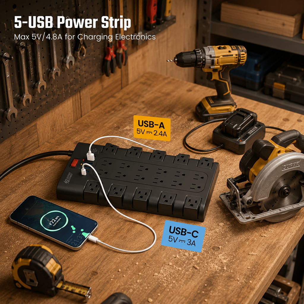 Extension Cord 5/7/13ft, Surge Protector Power Strip with 6 USB Charging Ports(24W/4.8A) And 22 AC Outlets(1875W/15A), 2100 Joules, Flat Plug Power Outlet, Wall Mount, Switch, Overload Protection for Home, Office, Dorm, Gaming Room, Black