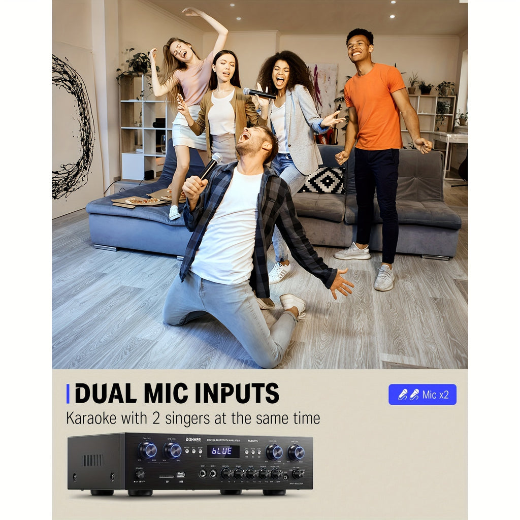 [Home Stereo Receiver] Donner 5.0 Stereo Audio Amplifier Receiver, 4 Channel Home Stereo Receiver Speaker With Accessories USB, SD, FM, 2 Mic In Echo, RCA, LED, Speaker For Home Sound System