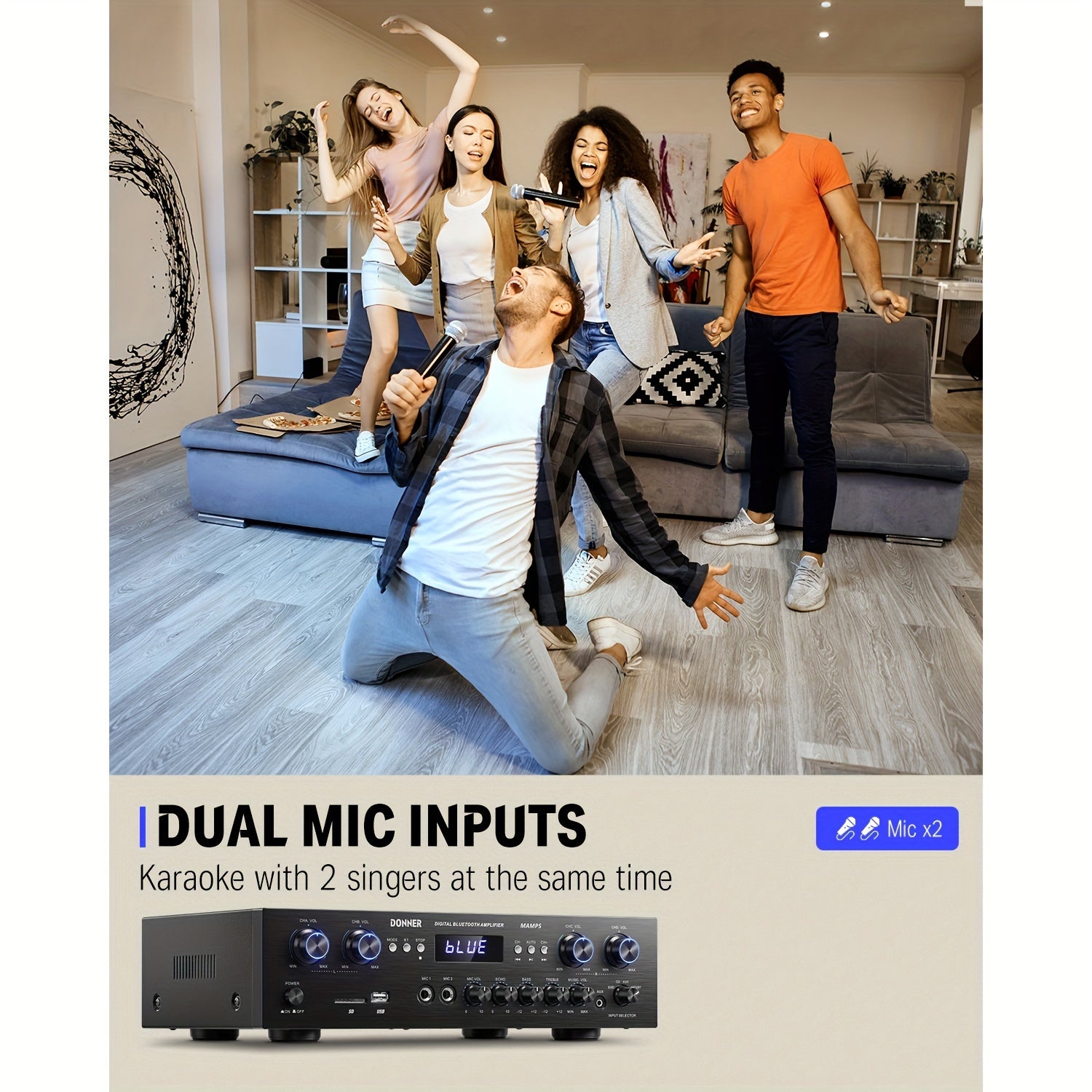 [Home Stereo Receiver] Donner 5.0 Stereo Audio Amplifier Receiver, 4 Channel Home Stereo Receiver Speaker With Accessories USB, SD, FM, 2 Mic In Echo, RCA, LED, Speaker For Home Sound System