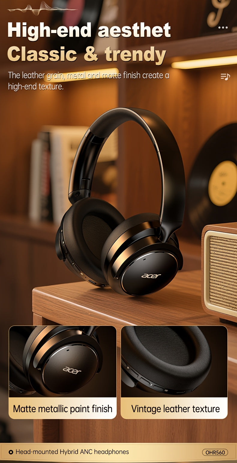Acer Ohr560 Over-Ear Wireless Headphones with ANC Noise Cancellation, Full-Coverage Ear Design, Foldable, Built-In Microphone, Hi-Fi Stereo Sound, HD ENC Call Noise Reduction, Compatible with 3. 5mm Audio Cable, Ideal for Work, Travel, And Gaming Use