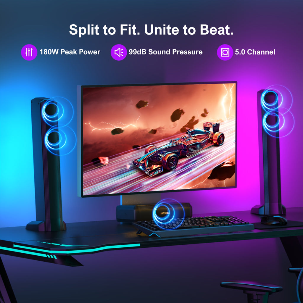 ULTIMEA TV Soundbar with Built-In Subwoofer: 2.2CH 100W Detachable (3 EQ Modes) / 2.1CH 120W Portable All-In-One (App Control) / 5.0CH 180W 3-In-1 Surround System (App Control), Wireless 5.3, Optical/Aux Connectivity