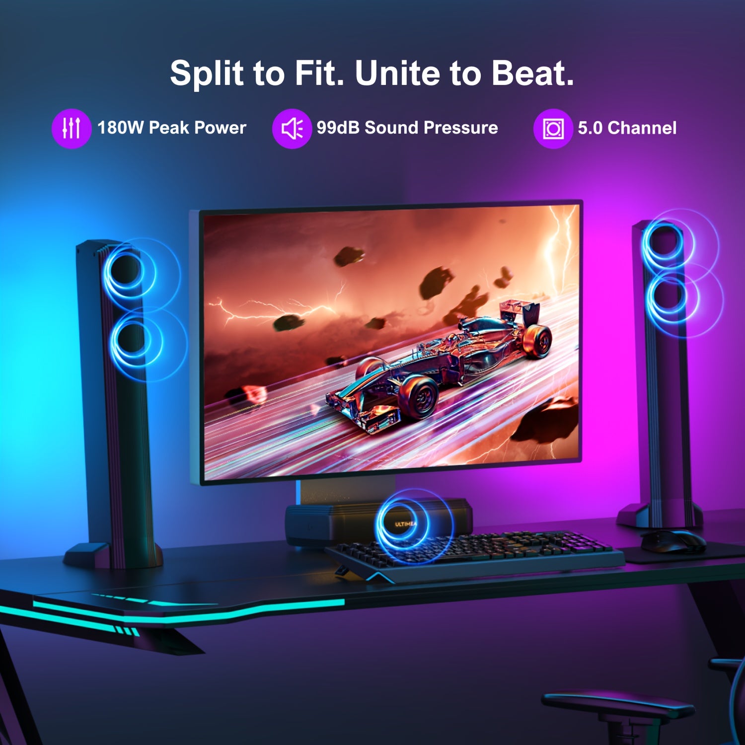 ULTIMEA TV Soundbar with Built-In Subwoofer: 2.2CH 100W Detachable (3 EQ Modes) / 2.1CH 120W Portable All-In-One (App Control) / 5.0CH 180W 3-In-1 Surround System (App Control), Wireless 5.3, Optical/Aux Connectivity