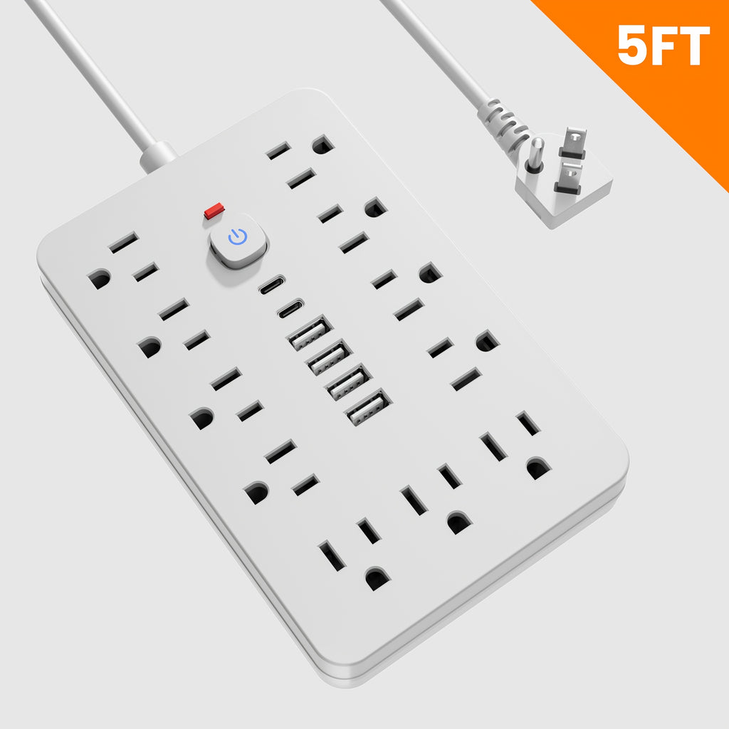 17-in-1 Flat Plug Power Strip Surge Protector with 11 Spacious AC Outlets and 6 USB Ports (including 2 Type-C) with Overload Protection