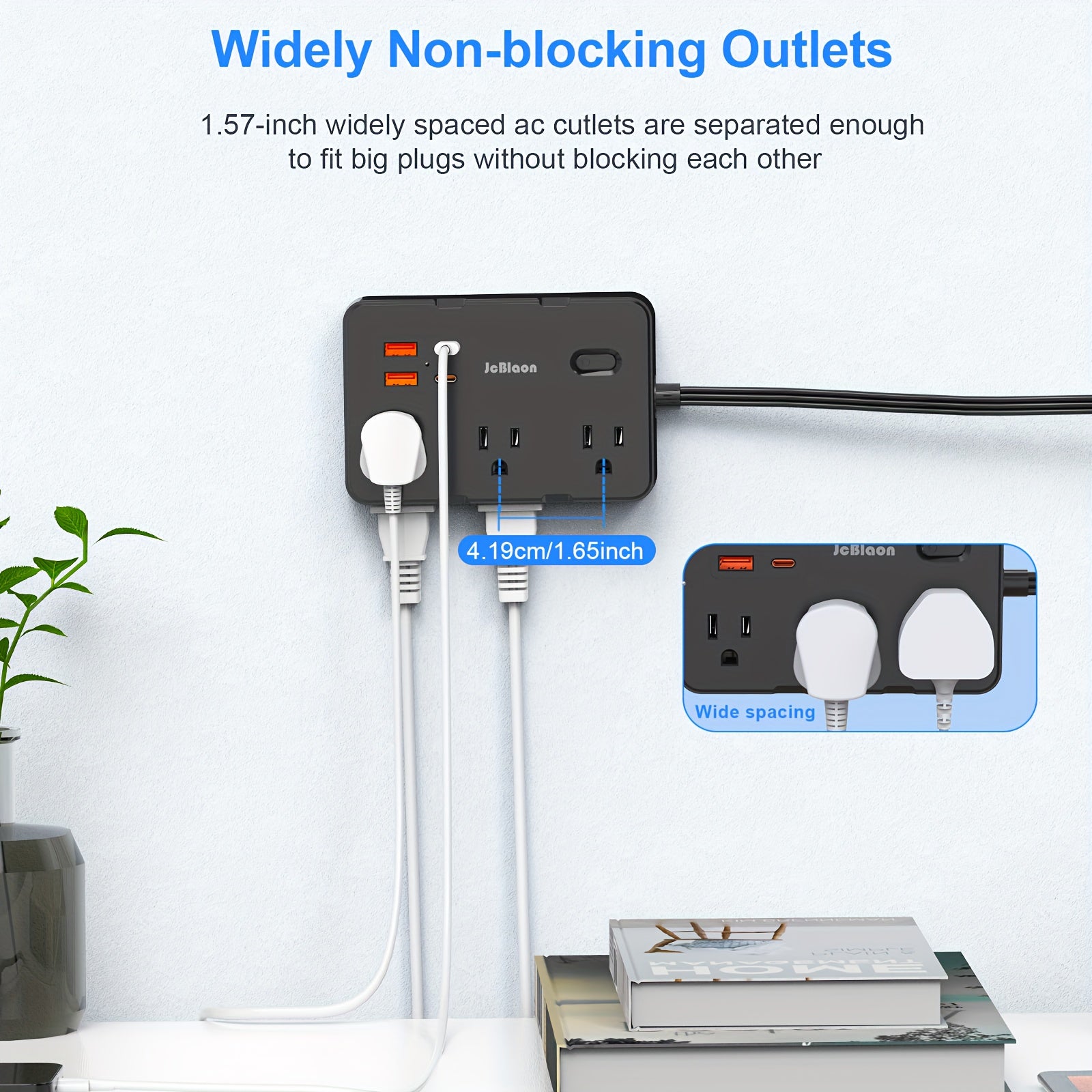 10in 1 Flat Plug Surge Protector Power Strip, 5ft Ultra Thin Extension Cord with 6 AC Outlets & 4 USB Wall Charger (2 USB C), USB Total Output:5V/3.1A, Compact for Charging Station Wall Mount for Office,Dorm, Black/White