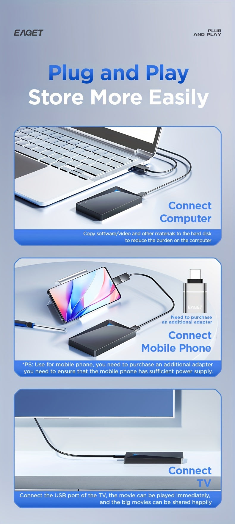 EAGET Portable HDD External Hard Drive, USB3.0 Mechanical Hard Drive High-speed Mobile Backup Storage, Plug & Play Suitable for PC, Desktop, MacBook, Ps4, Xbox, Smart TV