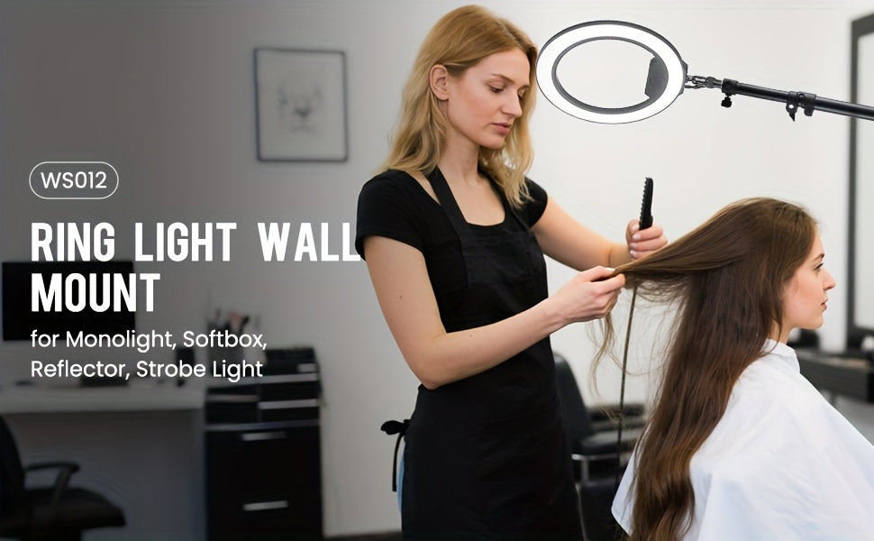 Wall-Mounted Ring Light with a 45.7" (100Cm) Adjustable Boom Arm Stand, Suitable for Photography Studios, Featuring a Camera Triangle Wall Bracket And a Sturdy Alloy Support for Salons, Tattoo Lighting, Barber Shops, And Strobe Lights