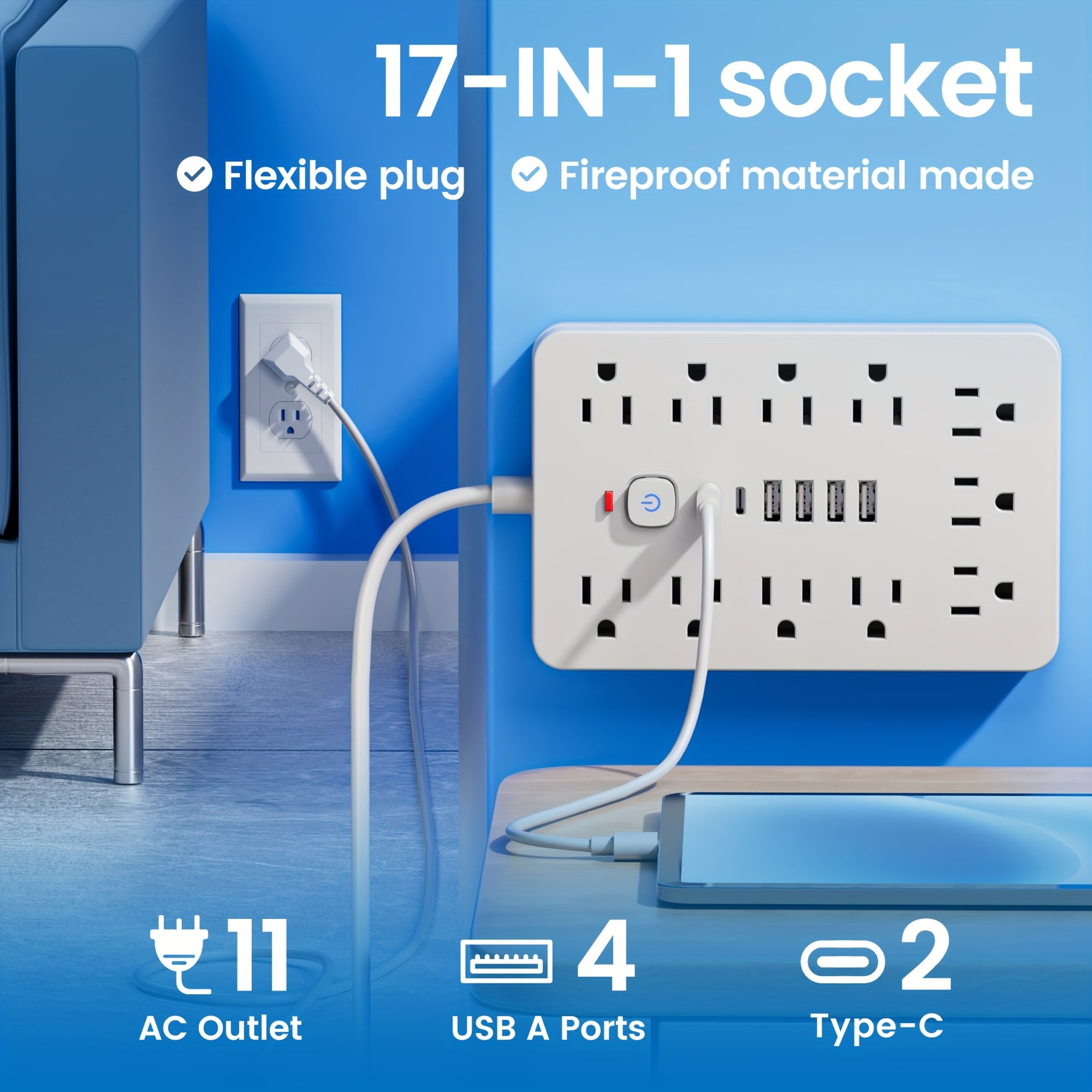 17-in-1 Flat Plug Power Strip Surge Protector with 11 Spacious AC Outlets and 6 USB Ports (including 2 Type-C) with Overload Protection