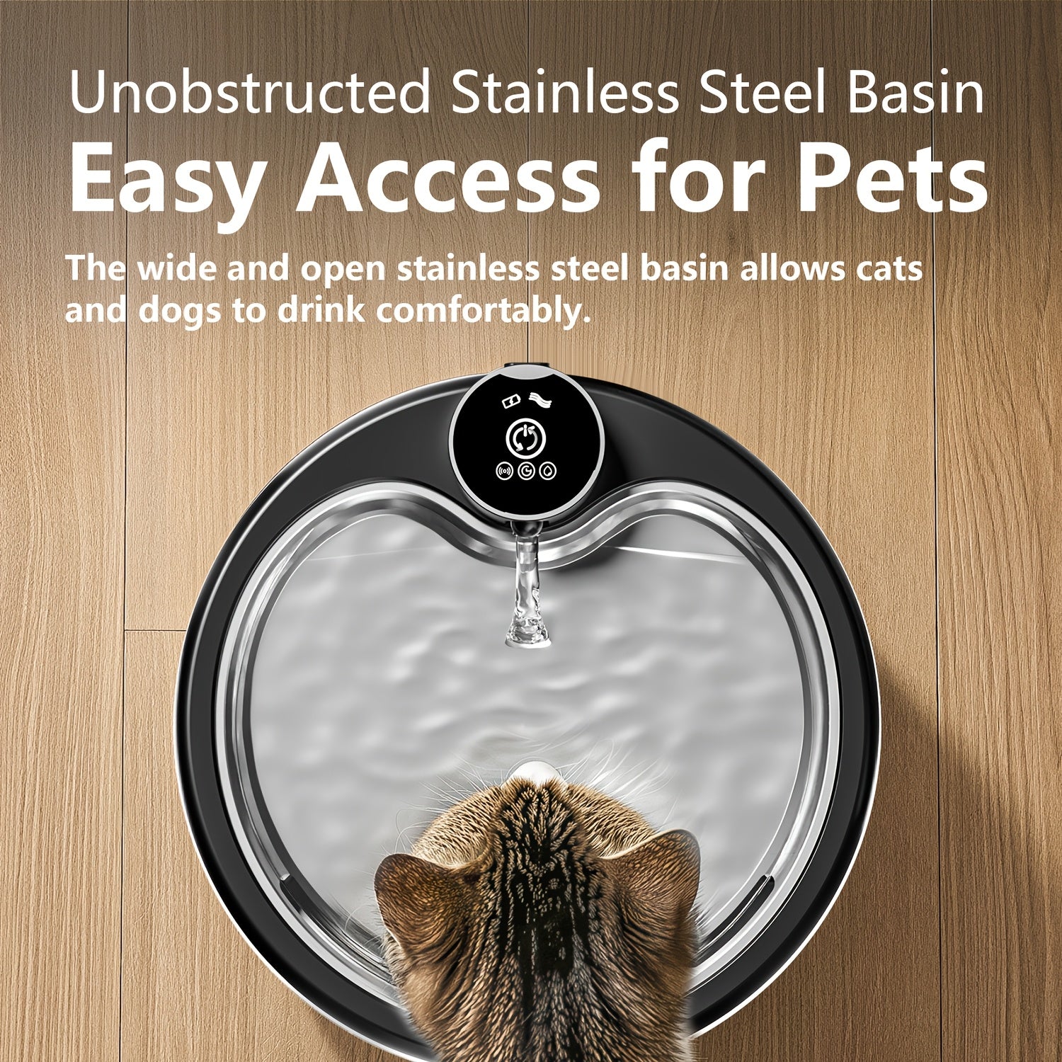 84.54oz Cordless Stainless Steel Basin Cat Water Fountain, Rechargeable Battery Operated Pet Waterer with Motion Sensor & 2 Filters