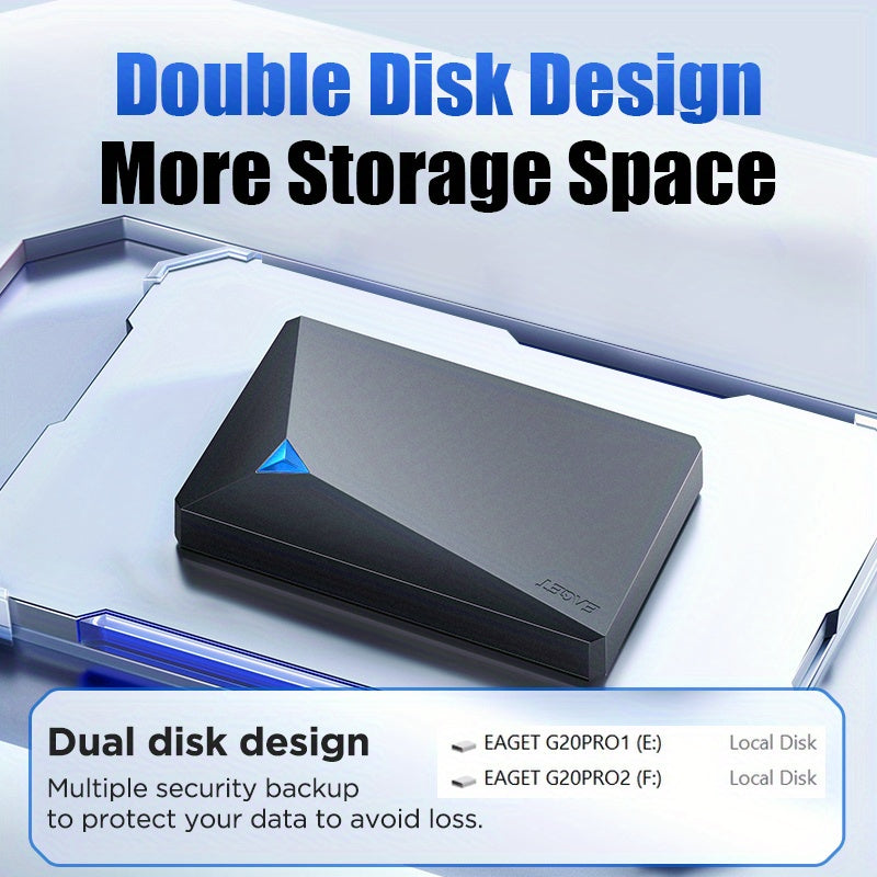 G20pro EAGET 1TB USB3.0 Portable Hard Drive, Dual-Disk Design, 5GB/s Transfer Speed, 2.5inh External Mechanical Hard Drive, Plug & Play, Wide Compatibility for PC, Laptop, Mac, Business & Home Use, Data Backup, Sleek Design, Reliable Storage