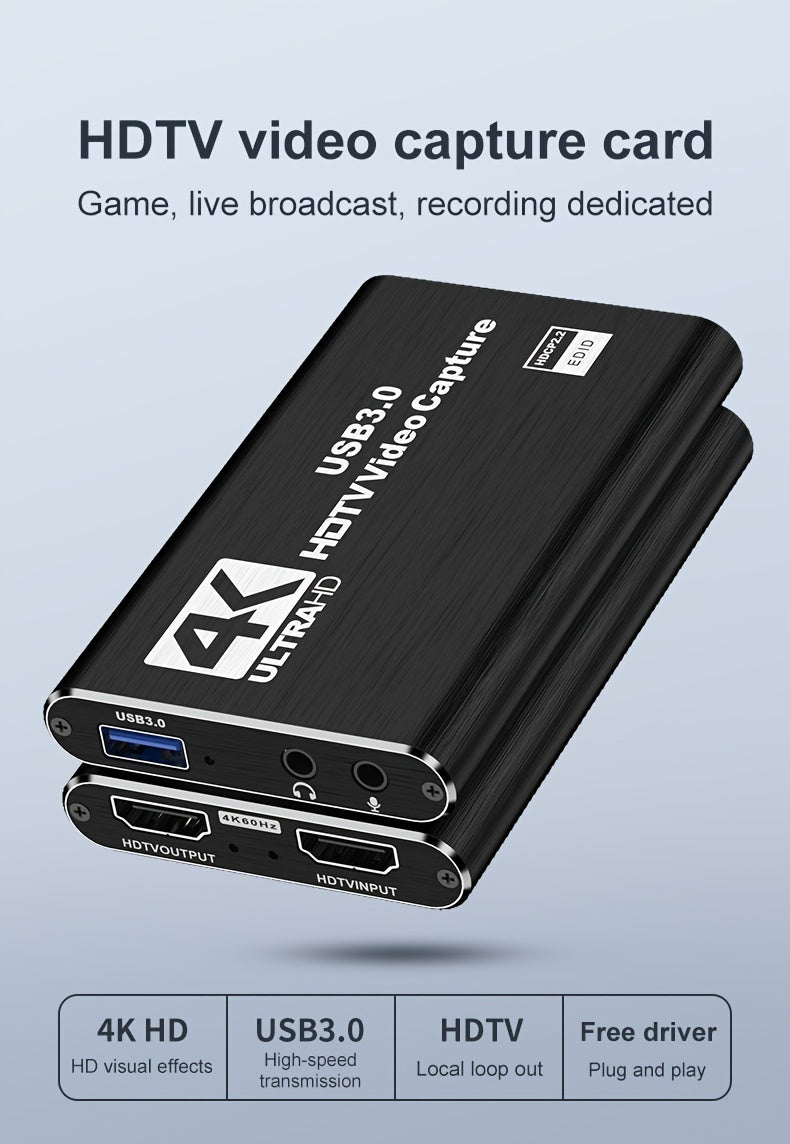 4K HDTV Capture Card for Streaming, Audio Video Capture Card with Microphone 4K HDTV Loop-Out, 1080P 60fps Video Recorder for Gaming/Live Streaming/Video Conference, Works for Nintendo Switch/PS4/OBS/Camera/PC