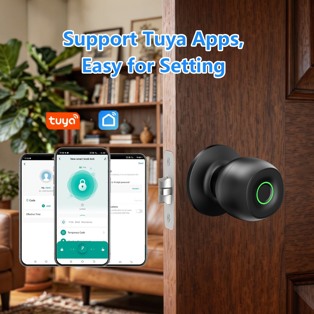 Smart Door Knob Lock, Keyless Entry Door Lock With Fingerprint, Biometric Entry, App-Controlled Wireless Connection, Physical Key, Suitable For Bedroom Home Hotel Office