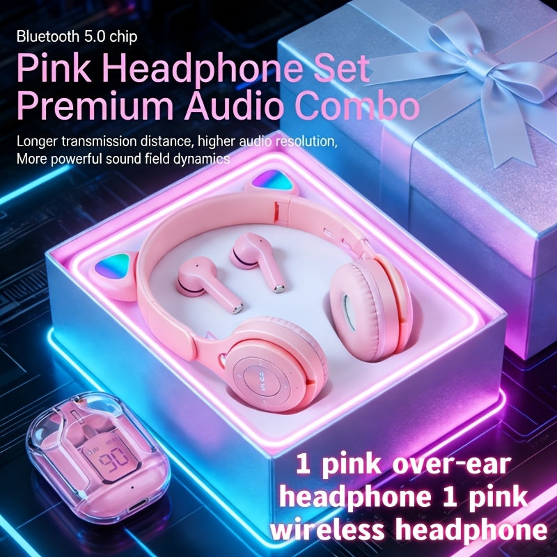 2 Adorable Pink Sets: 1 Pink Wireless Earbuds + 1 Pink Glowing Cat Ear Headphones, 1 Pink Earbuds + 1 Blue Earbuds, 1 Black Cat Ear Headphones + 1 Pink Earbuds, 1 Purple Cat Ear Headphones + 1 Pink Earbuds. Also Available: 1 Pink Wireless Earbuds + 1