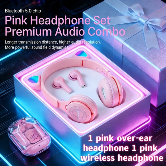 2 Adorable Pink Sets: 1 Pink Wireless Earbuds + 1 Pink Glowing Cat Ear Headphones, 1 Pink Earbuds + 1 Blue Earbuds, 1 Black Cat Ear Headphones + 1 Pink Earbuds, 1 Purple Cat Ear Headphones + 1 Pink Earbuds. Also Available: 1 Pink Wireless Earbuds + 1