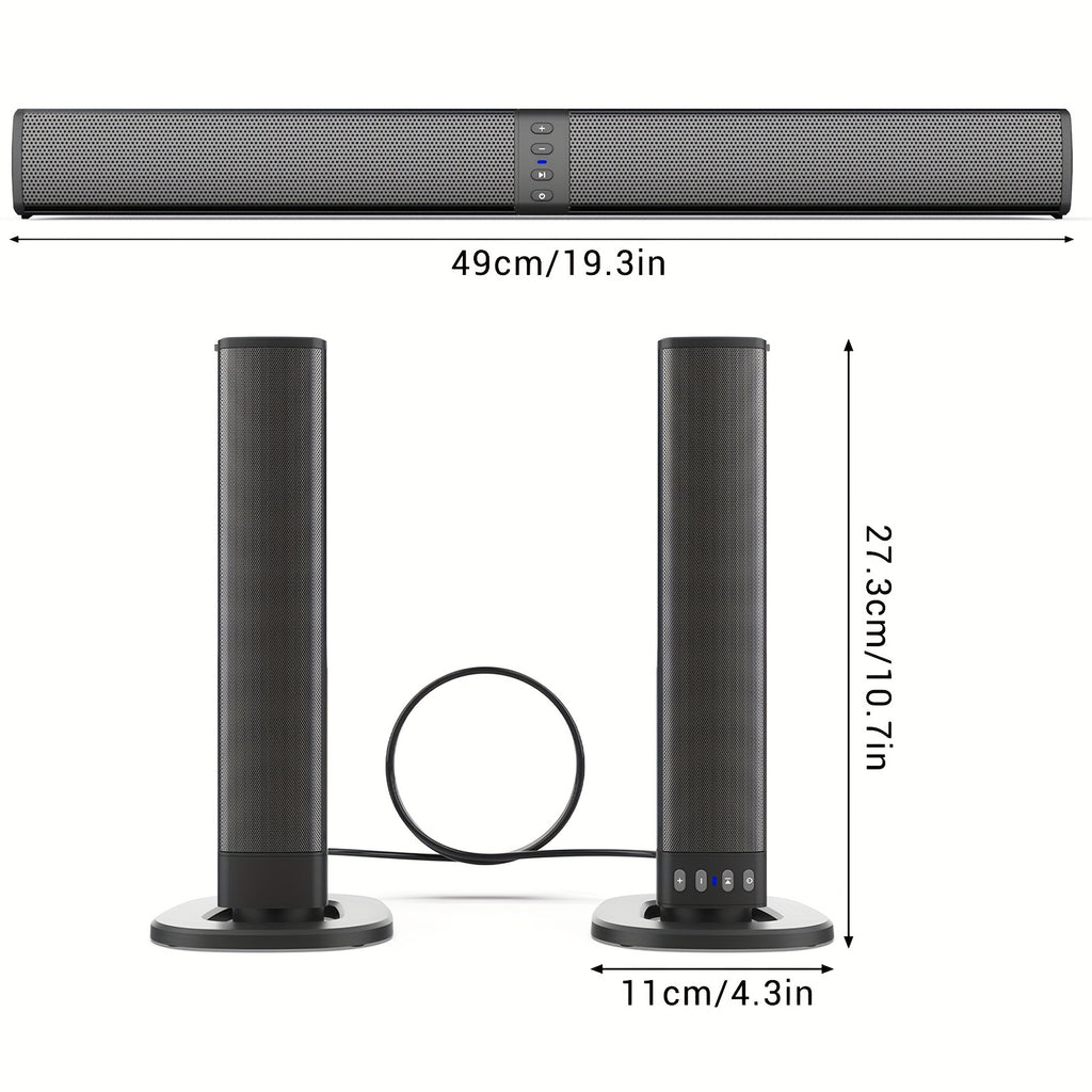Wireless Sound Bar for Smart TV, Surround Soundbar with Bluetooth/RCA/AUX Connect, Volume Control, 2in 1 Detachable Soundbar for TV/PC/Gaming/Projectors