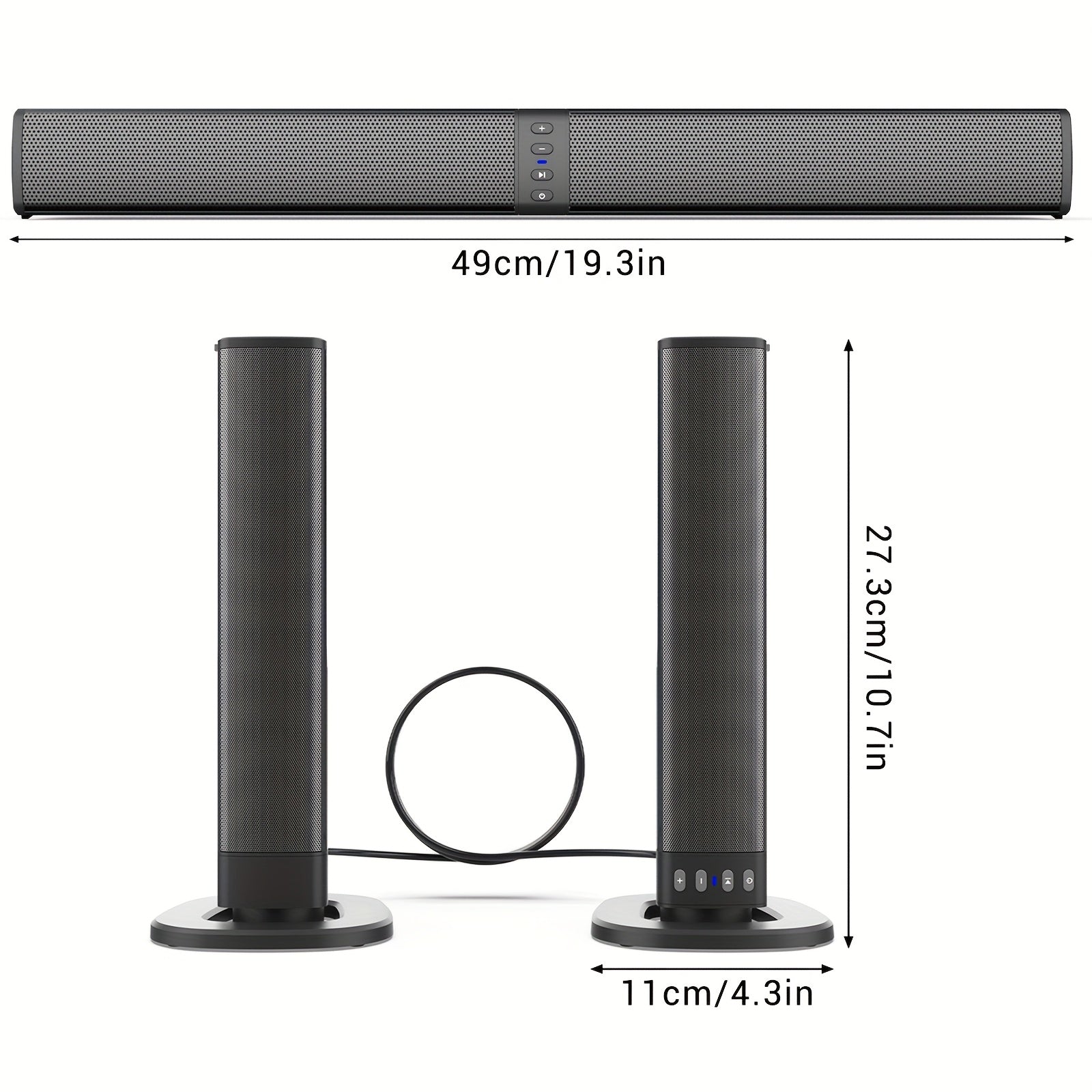 Wireless Sound Bar for Smart TV, Surround Soundbar with Bluetooth/RCA/AUX Connect, Volume Control, 2in 1 Detachable Soundbar for TV/PC/Gaming/Projectors