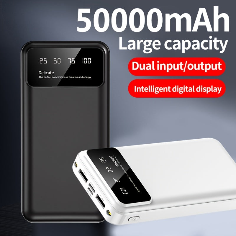 A Portable Power Bank with a Capacity of 50000Mah, Suitable for Charging Mobile Phones And Android Devices, Featuring an LED Display for Power Output And a Flashlight, Ideal for Outdoor Travel As an Emergency Power Source, Backup Battery Pack