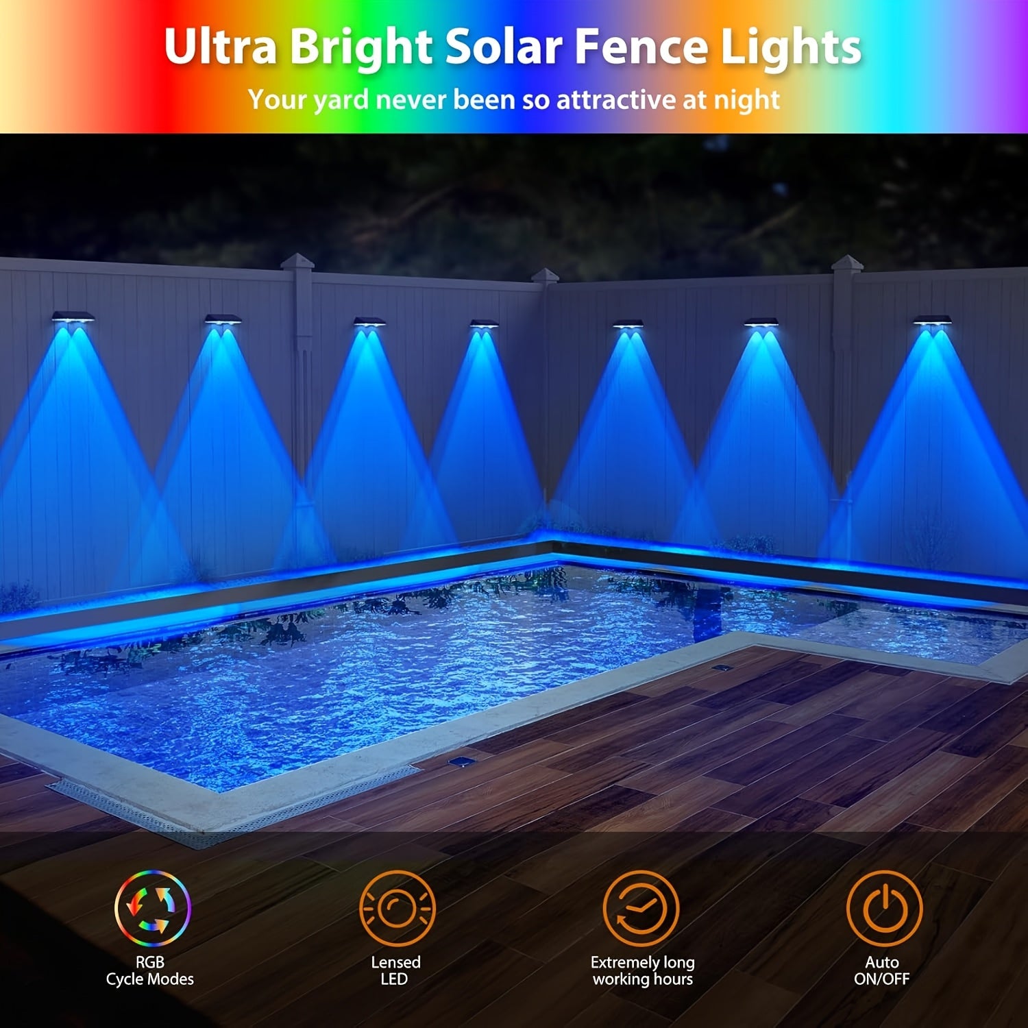 4/8 Packs Solar Fence Lights | Multicolor LED Garden Wall Lights, Outdoor Yard Landscape Villa Corridor Decorative Lighting for Halloween, Christmas, Thanksgiving | Smart Sensor Illumination, Wall Mount, Non-Removable Solar Battery, AIPUSI Brand