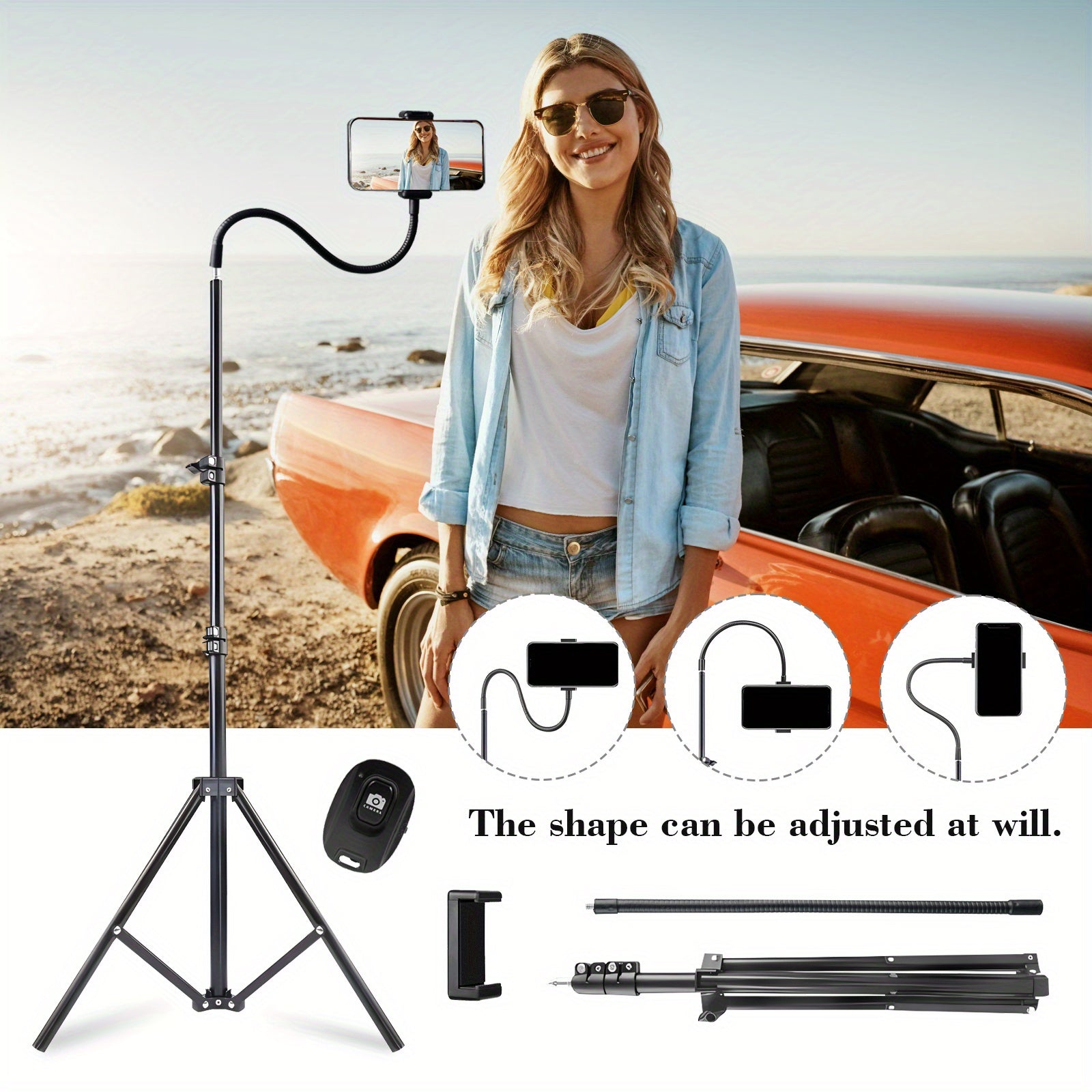 A 63-Inch Portable Mobile Tripod That Serves As a Retractable Phone Stand, Ideal for Vlogging, Live Streaming, Cooking, And Fitness. This Lightweight And Stable Tripod Features a Secure Phone Holder