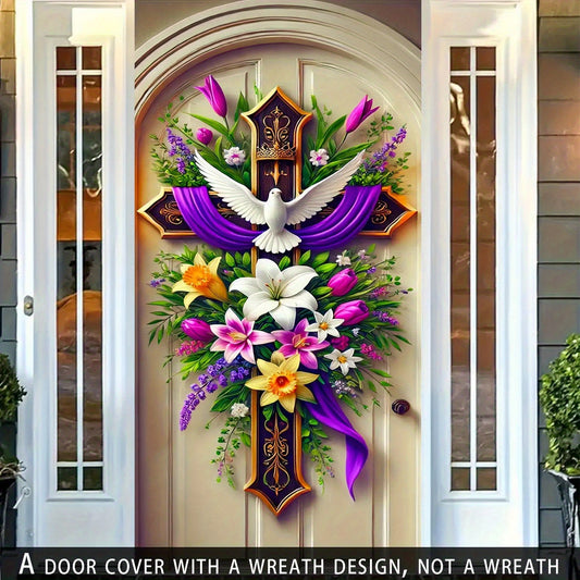 2D Flat, 35.4inch Colorful Easter and Spring Door Curtain Set- 70.8inch X Polyester with Dove and Floral Pattern Cross, Suitable for Entrance and Room Decoration, No Power Required, Door Hanging Decoration, 2D Flat