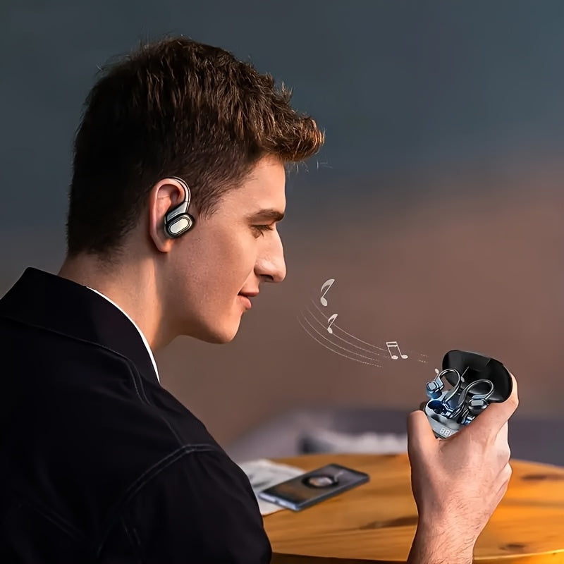 Open-Ear Wireless Earbuds 5.4, Wireless Sports Earphones with Built-In Microphone, Featuring Ear Hooks, 24 Hours of Playback Time, LED Display Charging Case, Suitable for Running And Fitness, in Black