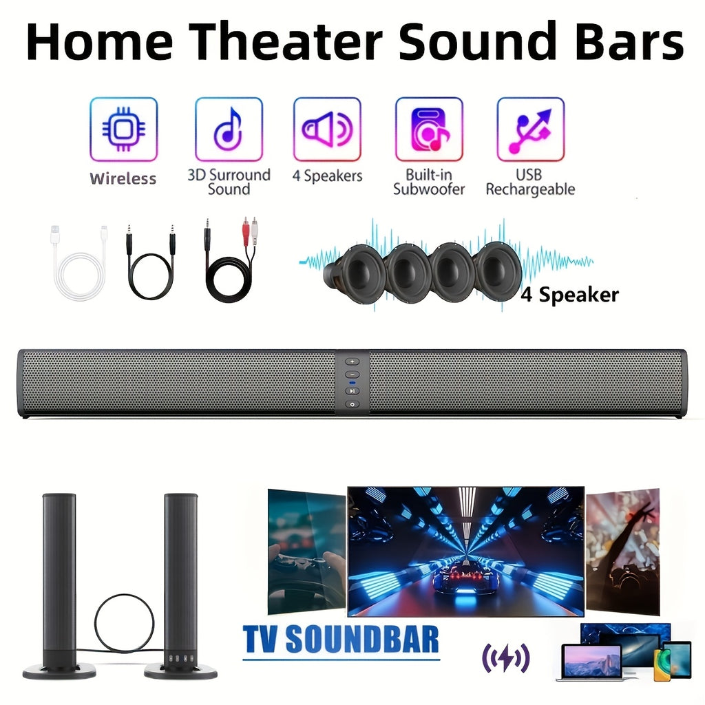 [Home Theater Sound Bar] Sound Bar with Subwoofer, Home Theater Wireless Surround Sound PA System with 2/4 Subwoofers, Hi-Fi Computer Game Auxiliary Audio Output Sound Bar Speaker, Supports AUX, USB, TF Card, TWS And FM Audio Input