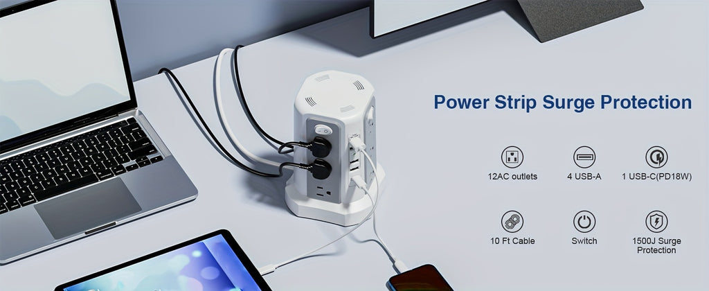 Angled Flat Plug 12 AC Outlets Power Strip Tower with USB C Port(PD18W/PD20W), Surge Protector Power Tower with 5 USB Ports, Extension Cord Desktop Power Strip for Home Office DormRoom