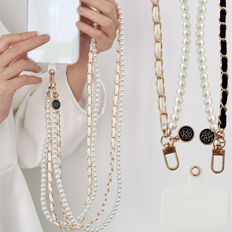 [Fashionable Phone Strap] Fashionable White Pearl Leather Double Chain Crossbody Phone Case Accessory | Portable Hanging Chain for Smartphone, Phone Strap and Wristband