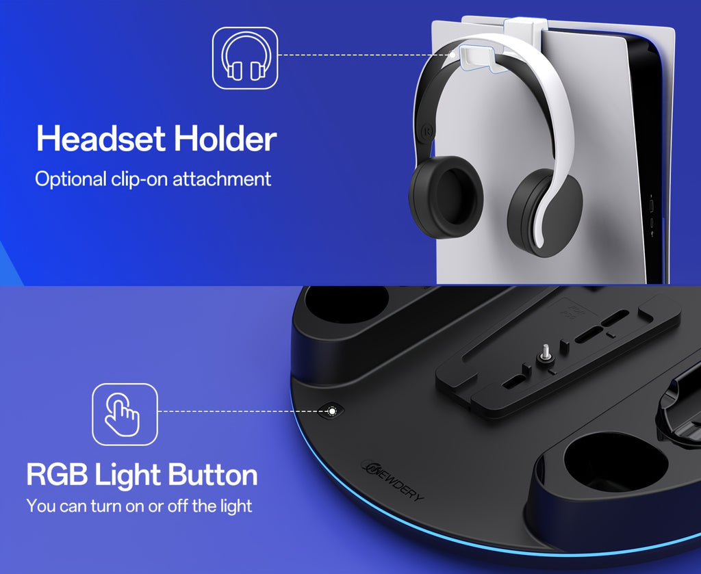 For PS5 Slim for PS5 Pro for PS5 Stand Console, Fast Charging Station Compatible with for PS5 Controllers with Adjustable RGB Light, Charging Station for All for PS5 Console
