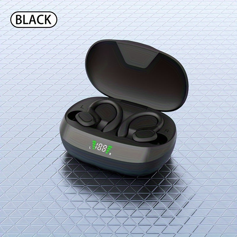 Open-Ear Wireless Earbuds 5.4, Wireless Sports Earphones with Built-In Microphone, Featuring Ear Hooks, 24 Hours of Playback Time, LED Display Charging Case, Suitable for Running And Fitness, in Black