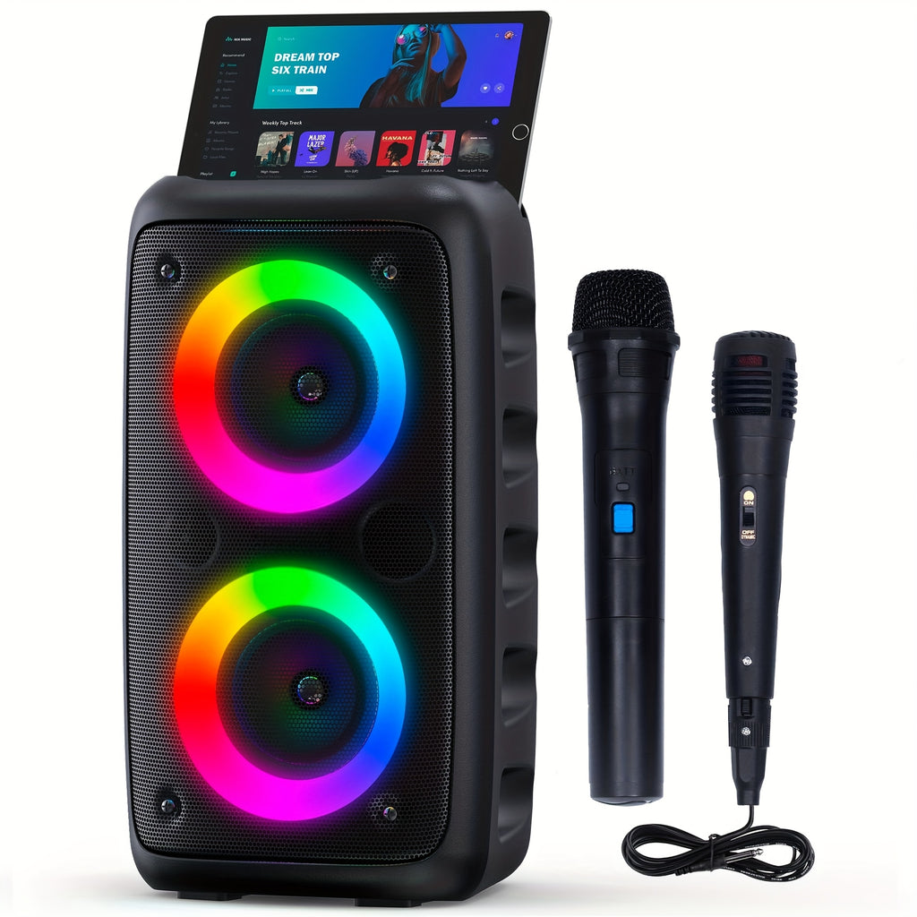 Bluetooth speaker, wireless speaker, karaoke machine with 1 wired microphone or 1 wired microphone+1 wireless microphone, adult portable speaker, PA system with LED lights singing karaoke speaker, supports TF card/USB, AUX input, TWS suitable