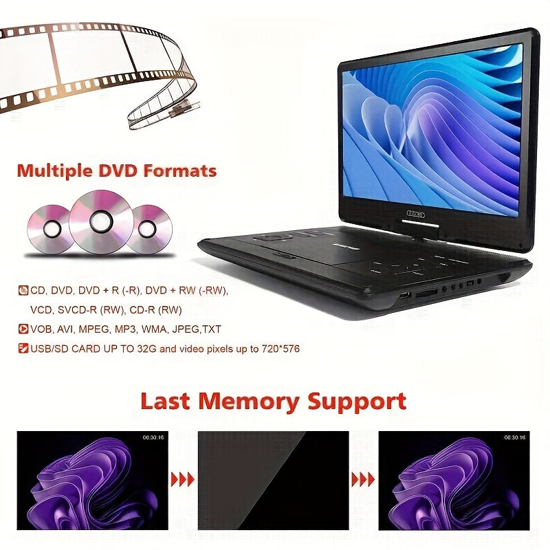 17" Portable DVD Player with 14.1" Large HD Screen, 6 Hours Rechargeable Battery, Support USB/SD Card/Sync TV And Multiple Disc Formats, High Volume Speaker, Black