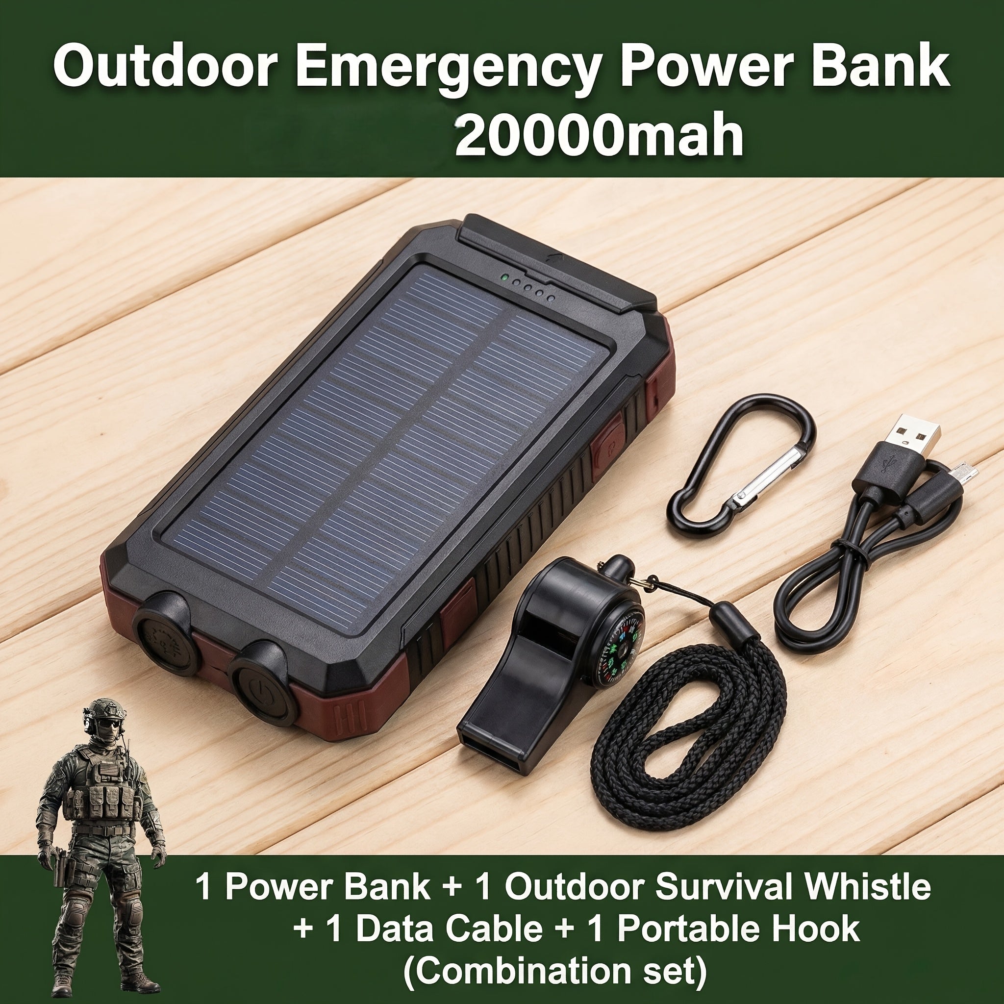 [Outdoor Camping] 20000Mah USB Portable Charger Solar Power Bank, Dual 5V USB Port Output for All Mobile Devices Built-In Flashlight with Compass for Outdoor Camping Emergency Use, Power Bank Portable Portable Power Bank Solar Power Bank Battery Power Ban