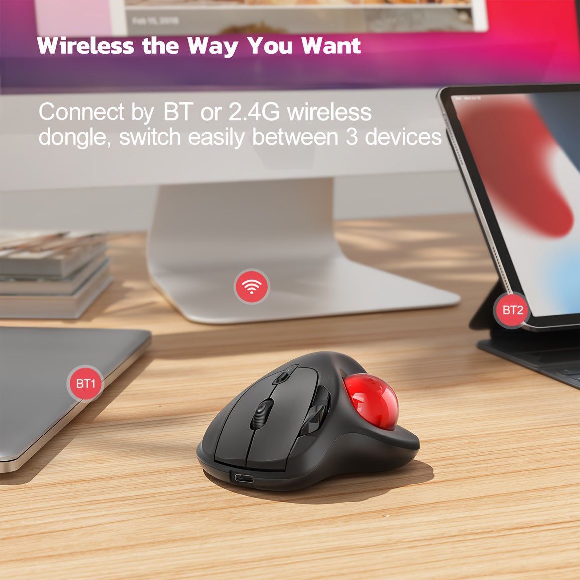 Wireless Trackball Mouse, Rechargeable Ergonomic, Easy Thumb Control, Precise & Smooth Tracking, 3 Device Connection (Wireless Or USB Receiver), Compatible For PC, Laptop, Mac, Windows