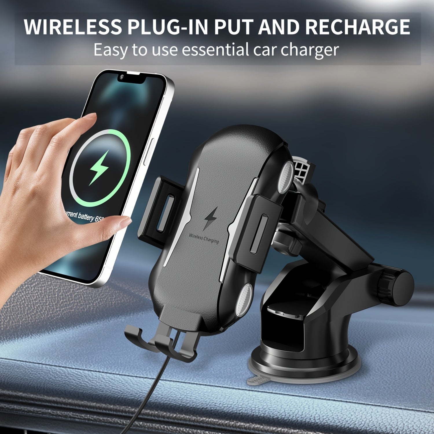 Auto-Sensing Car Phone Mount - Wireless Charger Fast Charge with Vent Clip & Dashboard Suction, Auto-Lock Tech For, Smart Car Holder