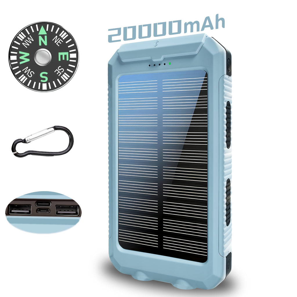 20000Mah USB Portable Charger Solar Power Bank, Dual 5V USB Port Output for All Mobile Devices Built-In Flashlight with Compass for Outdoor Camping Emergency Use, Power Bank Portable Portable Power Bank Solar Power Bank Battery Power Bank