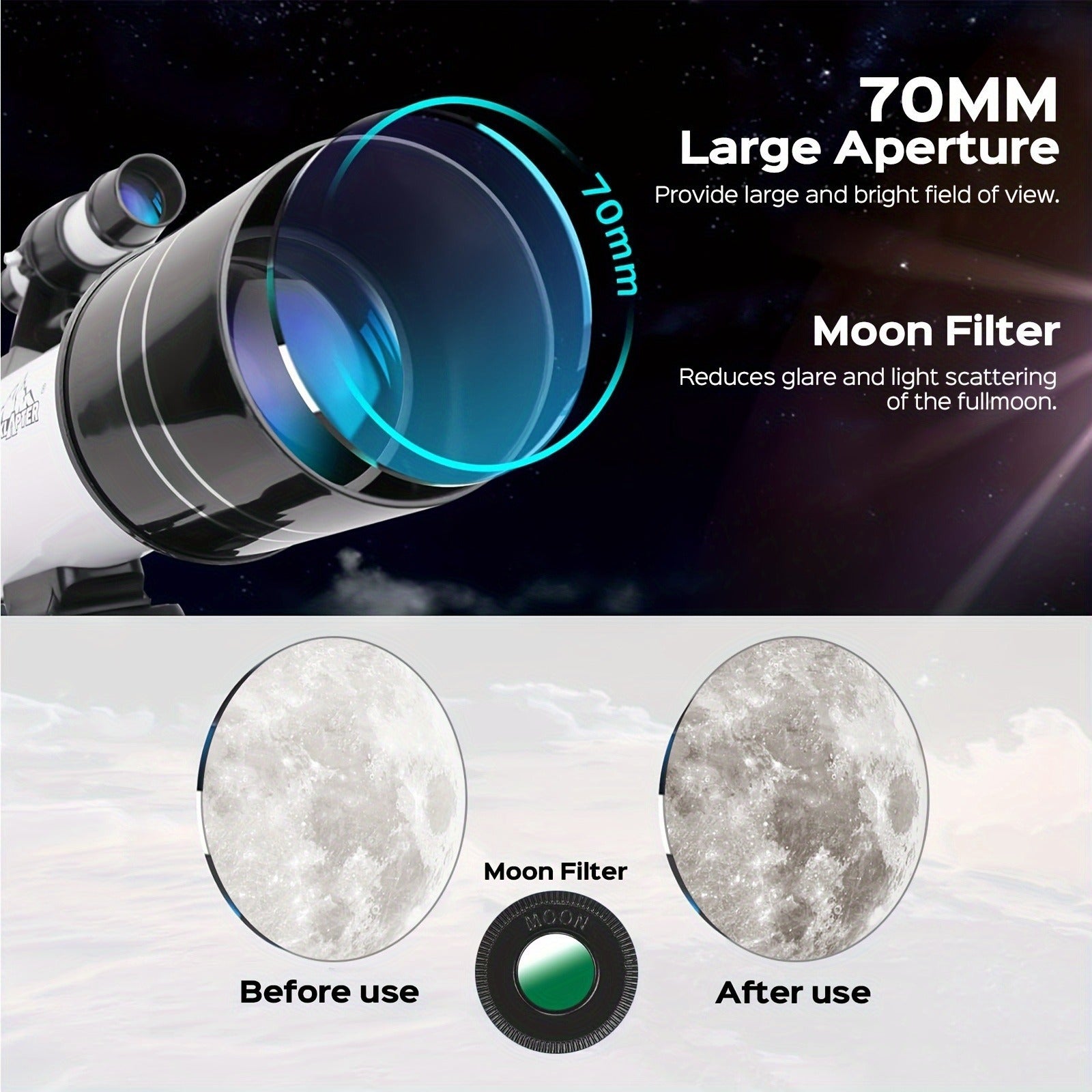 150X telescope, 70mm aperture telescope, suitable for adults, portable astronomical telescope, with tripod phone holder, eyepiece, Barlow lens, perfect for big viewing nature, education, and exploration. It is the best Christmas gift for family members an
