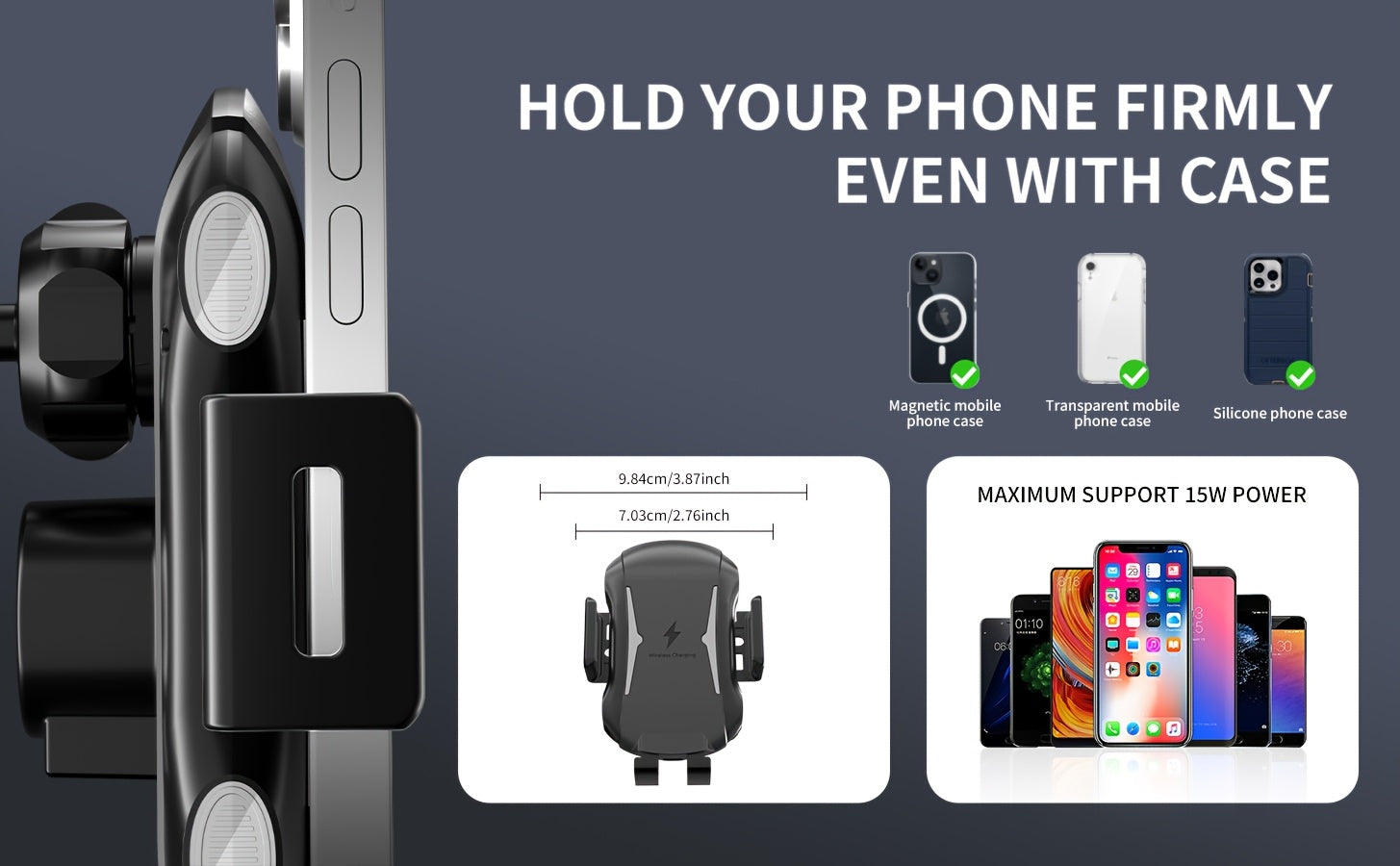 Auto-Sensing Car Phone Mount - Wireless Charger Fast Charge with Vent Clip & Dashboard Suction, Auto-Lock Tech For, Smart Car Holder