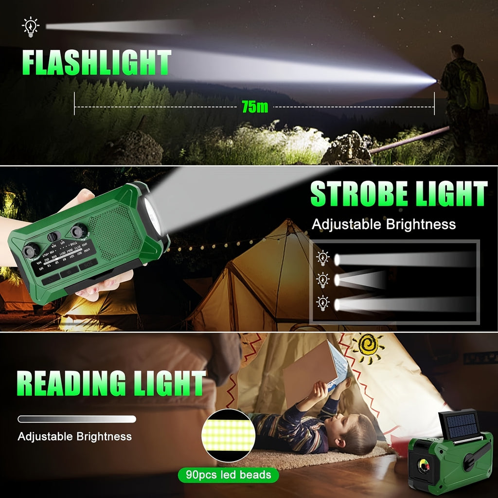 36800mwh 1 Pack Emergency Radios for Families with AM/FM, 3-Way Charging (Hand Crank/Solar/USB), Kid-Friendly SOS Alarm, Flashlight, Reading Light, Thermometer, Compass & 10000mAh Power Bank - Peace of Mind for Every Home Green/Yellow/Random Color