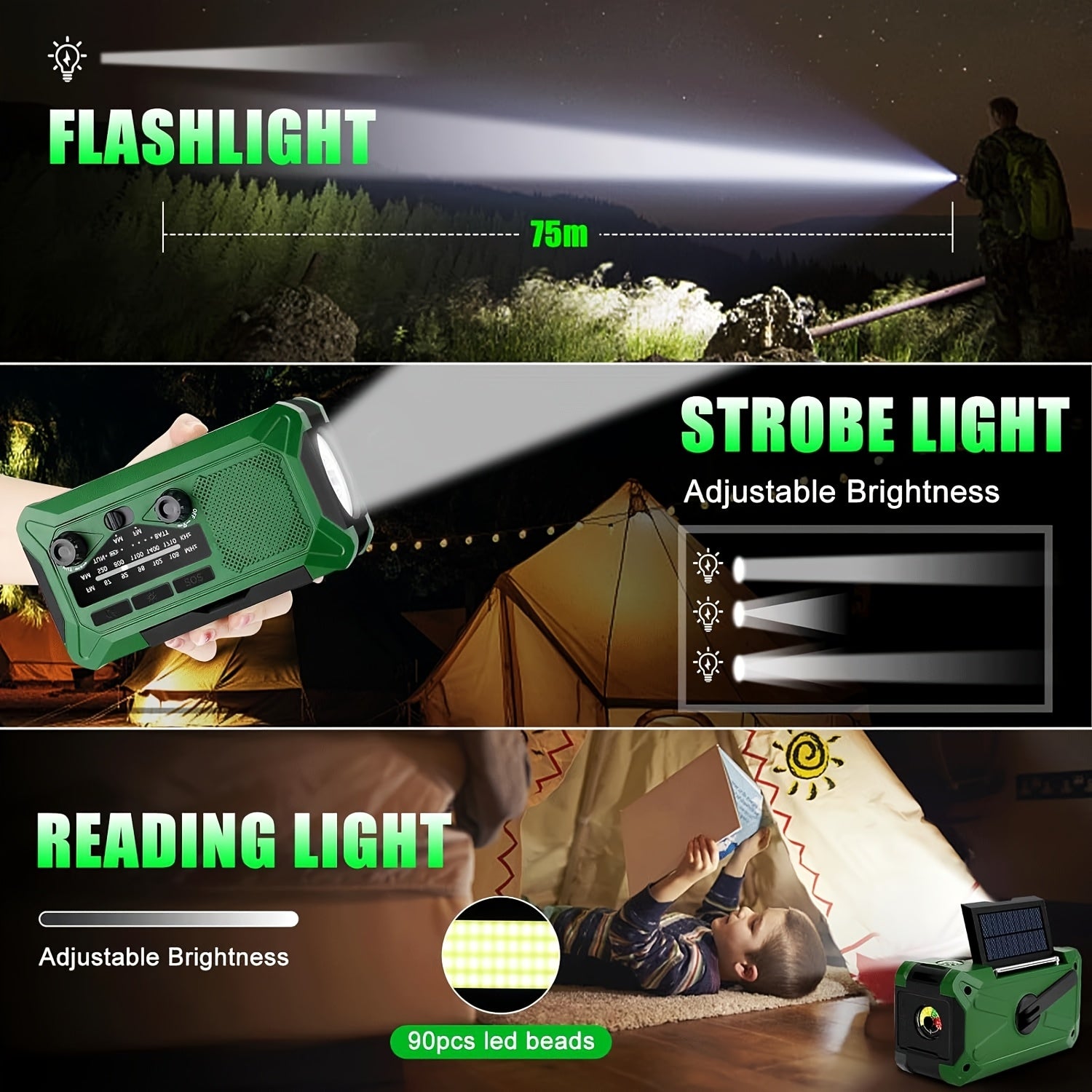 36800mwh 1 Pack Emergency Radios for Families with AM/FM, 3-Way Charging (Hand Crank/Solar/USB), Kid-Friendly SOS Alarm, Flashlight, Reading Light, Thermometer, Compass & 10000mAh Power Bank - Peace of Mind for Every Home Green/Yellow/Random Color