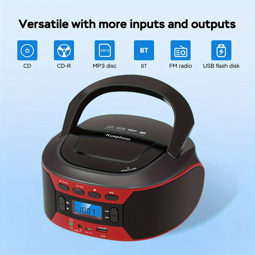 [Portable CD Boombox] Portable CD Player Boombox With BT, FM Radio With CD Player Combo, CD Boombox With AUX/USB Playback And Earphone Jack. CD Players For Home With Stereo Speakers, Battery Or AC Powered