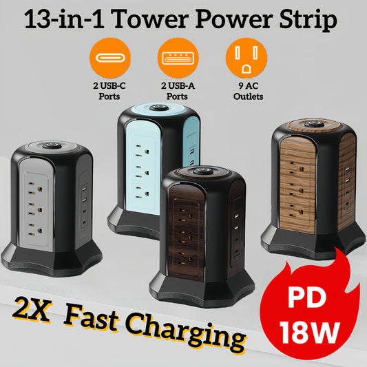 13-in-1 Power Strip Tower with 9 AC Outlets & 4 USB Ports (2 USB-C PD18W) - 1080J Surge Protector & 8ft Extension Cord, Multiple Protections for Home Office Dorm - Multiple Colors-Grey/Brown/Wood Grain/Blue/White(Wireless Charger)