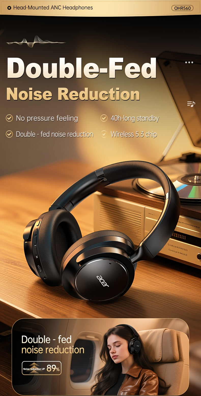 Acer Ohr560 Over-Ear Wireless Headphones with ANC Noise Cancellation, Full-Coverage Ear Design, Foldable, Built-In Microphone, Hi-Fi Stereo Sound, HD ENC Call Noise Reduction, Compatible with 3. 5mm Audio Cable, Ideal for Work, Travel, And Gaming Use